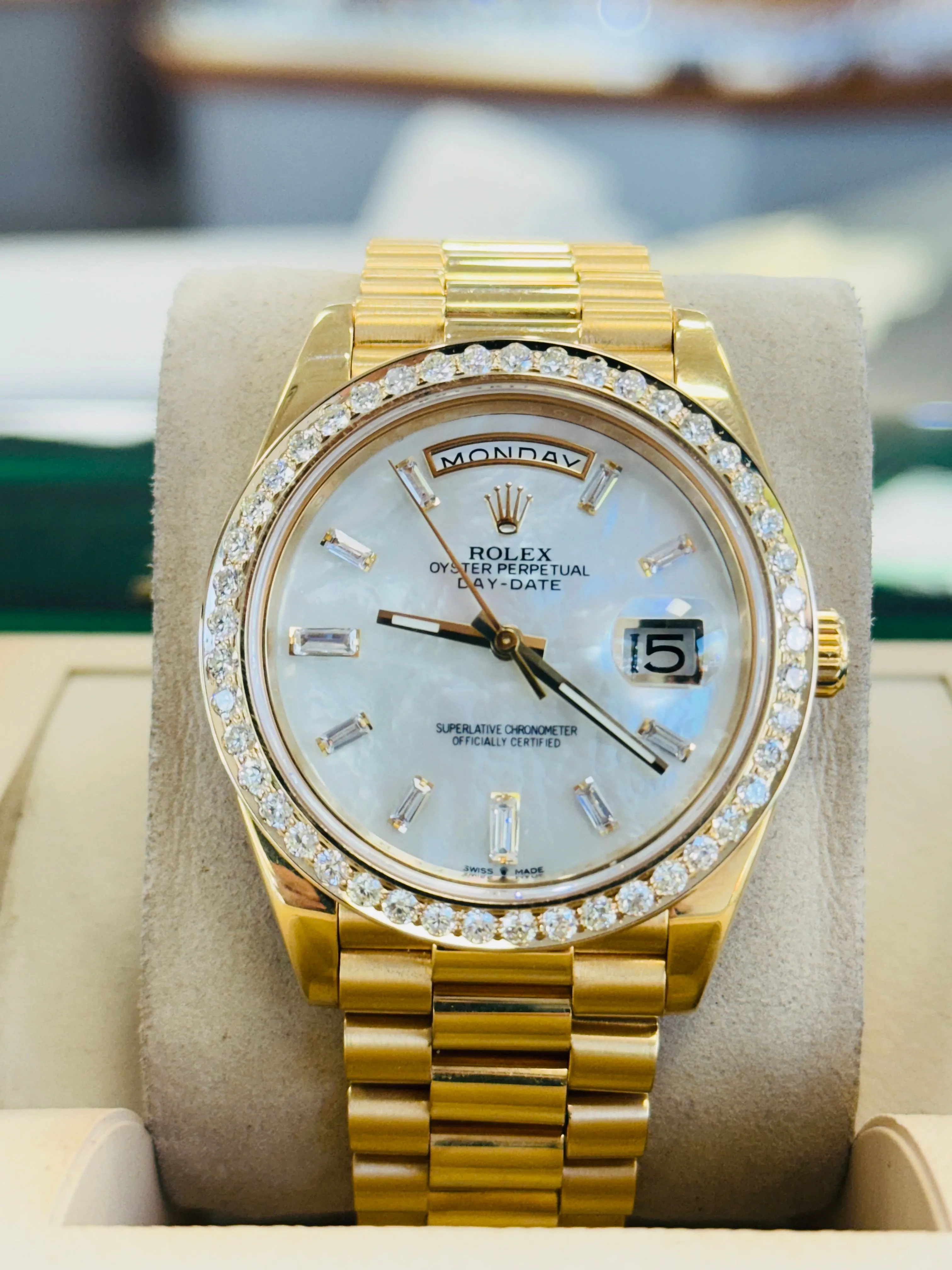  x DayDate 40 228238 Custom Diamond Mother oF Pearl Dial Custom Natural Diamond Bezel  Box and Paper MINT
