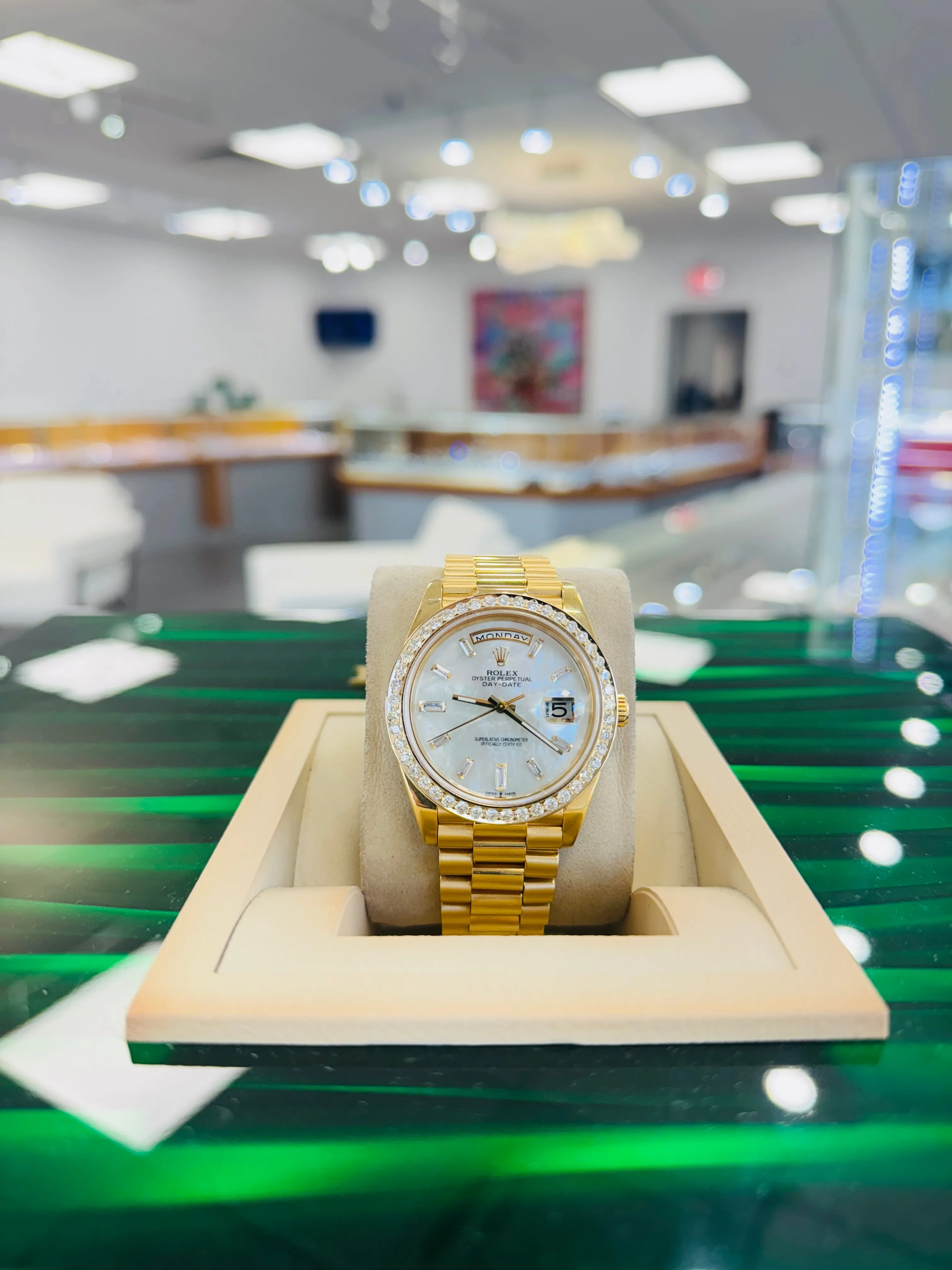   x DayDate 40 228238 Custom Diamond Mother oF Pearl Dial Custom Natural Diamond Bezel  Box and Paper MINT