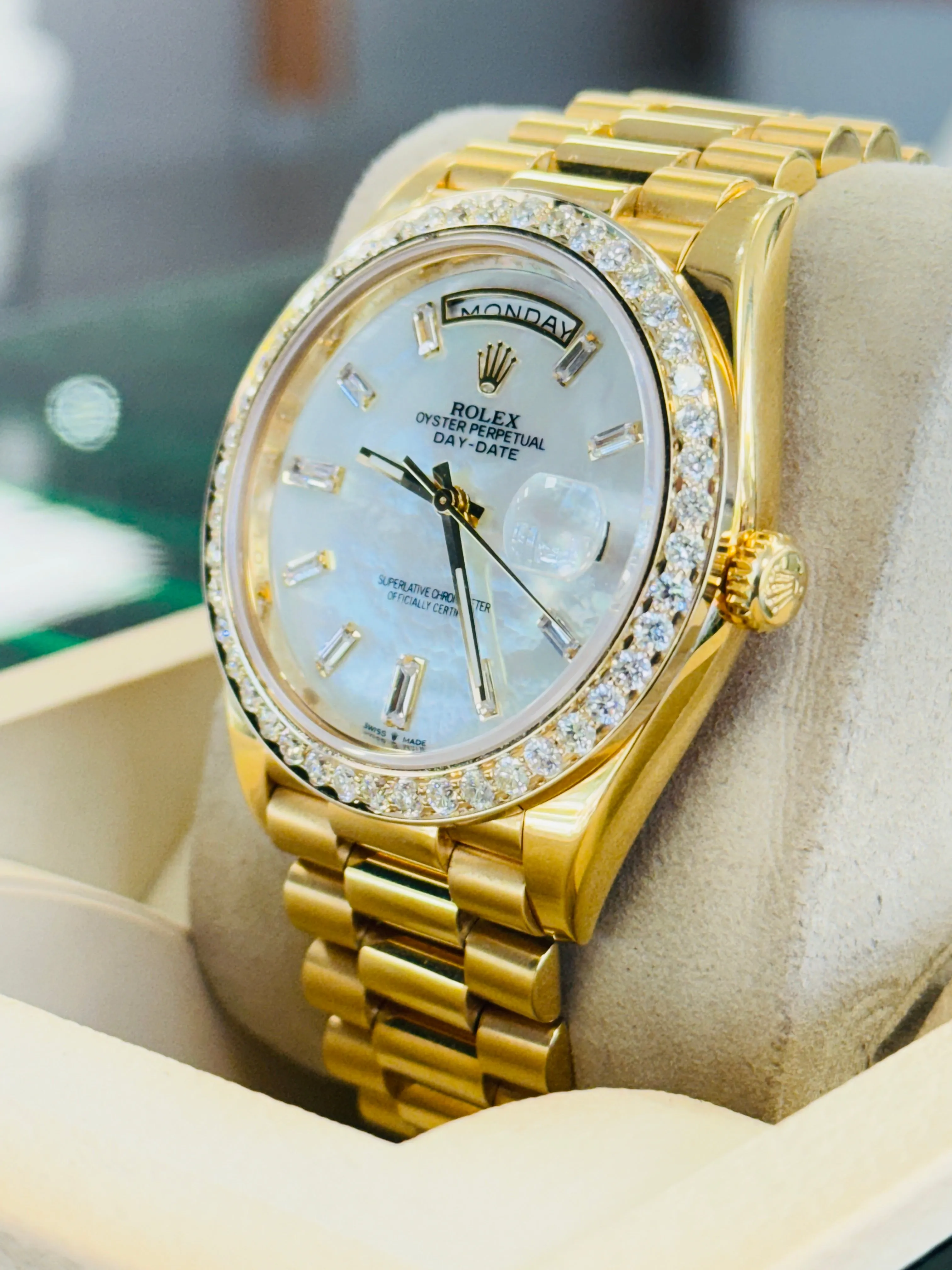   x DayDate 40 228238 Custom Diamond Mother oF Pearl Dial Custom Natural Diamond Bezel  Box and Paper MINT