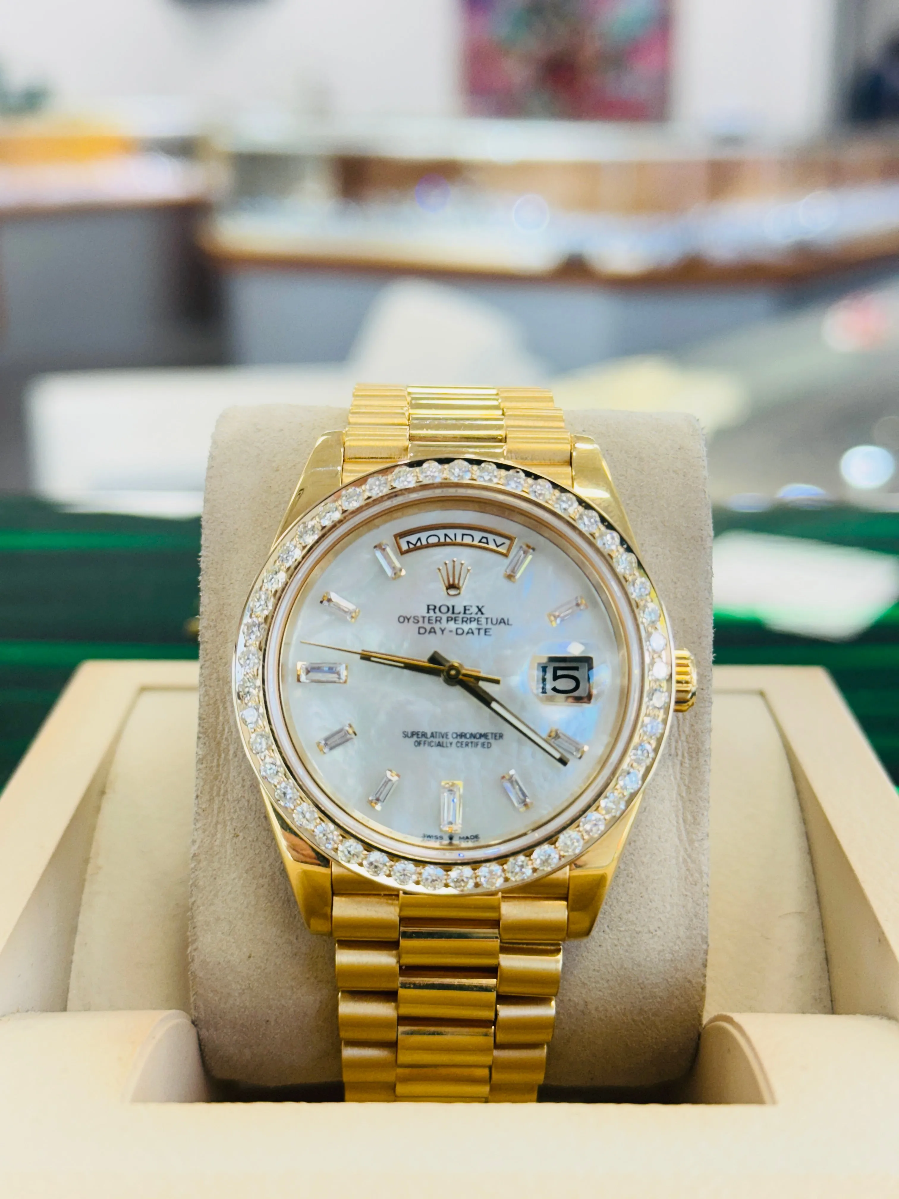   x DayDate 40 228238 Custom Diamond Mother oF Pearl Dial Custom Natural Diamond Bezel  Box and Paper MINT