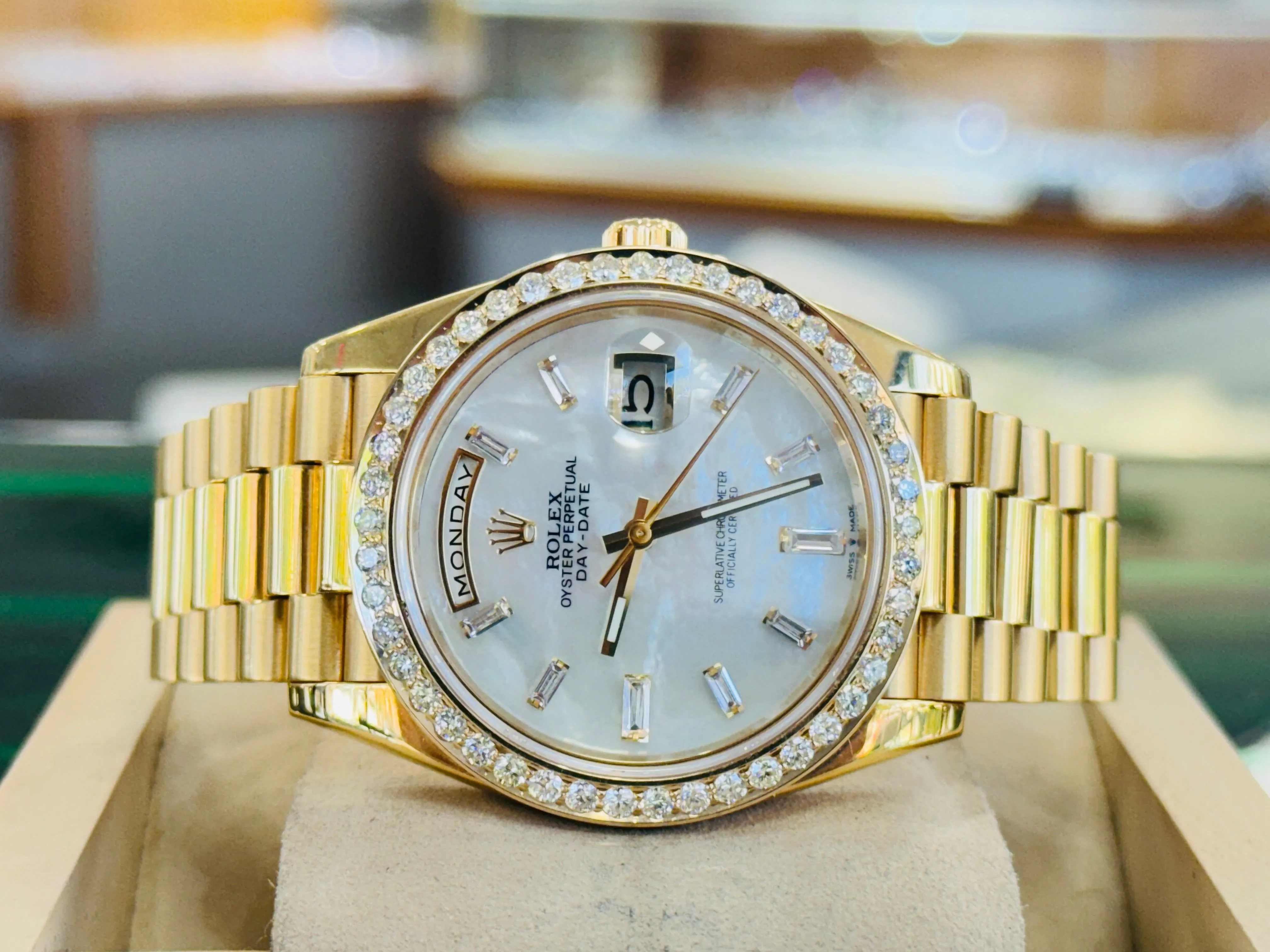   x DayDate 40 228238 Custom Diamond Mother oF Pearl Dial Custom Natural Diamond Bezel  Box and Paper MINT