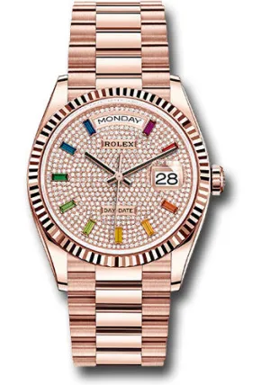   x Everose Gold Day-Date 36 Watch - Fluted Bezel - Diamond-Paved Rainbow Sapphire Dial - President Bracelet - 128235 dprsp Day-Date Watches Affordable Day-Date Watch