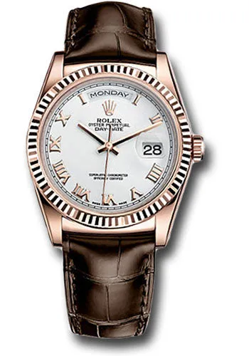   x Everose Gold Day-Date 36 Watch - Fluted Bezel - White Roman Dial - Brown Leather - 118135 wrbr Day-Date Watches Affordable Day-Date Watch