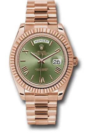   x Everose Gold Day-Date 40 Watch - Fluted Bezel - Olive Green Bevelled Roman Dial - President Bracelet - 228235 ogrp Day-Date Watches Affordable Day-Date Watch