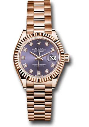   x Everose Gold Lady-Datejust 28 Watch - Fluted Bezel - Aubergine Diamond Dial - President Bracelet - 279175 adp Datejust watch for sale   x Datejust watch