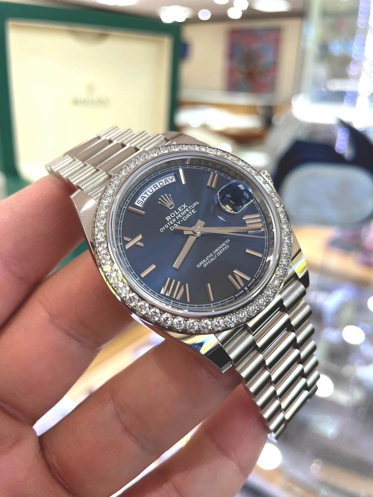   x Oyster Perpetual Day-Date 40  228349RBR Blue Roman Factory Diamond Bezel UNWORN