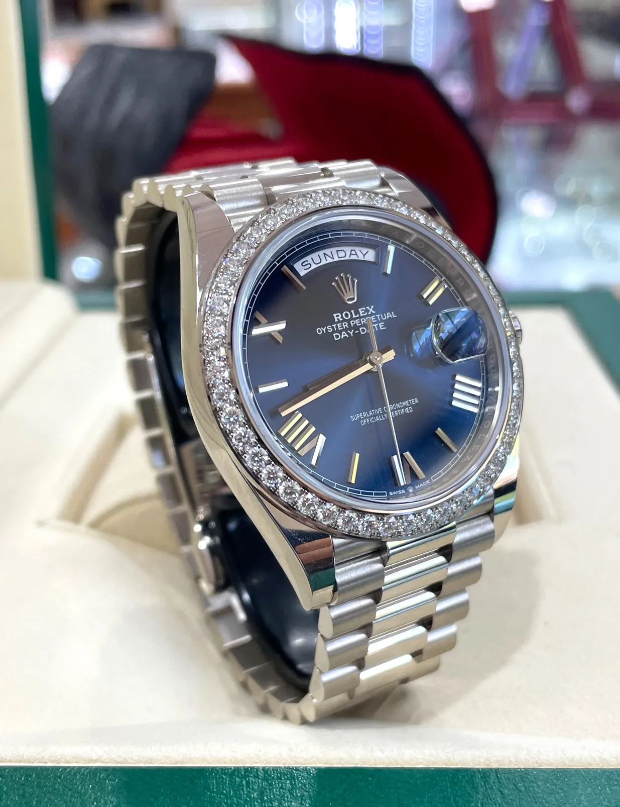   x Oyster Perpetual Day-Date 40  228349RBR Blue Roman Factory Diamond Bezel UNWORN