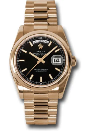   x Pink Gold Day-Date 36 Watch - Domed Bezel - Black Index Dial - President Bracelet - 118205 bksp Day-Date Watches Affordable Day-Date Watch