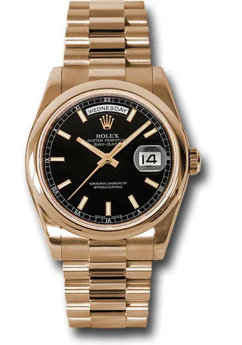   x Pink Gold Day-Date 36 Watch - Domed Bezel - Black Index Dial - President Bracelet - 118205 bksp Day-Date Watches Affordable Day-Date Watch