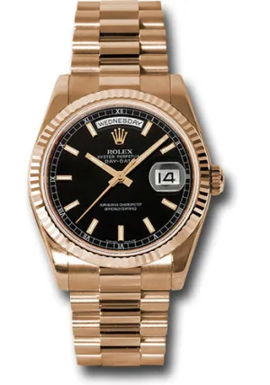   x Pink Gold Day-Date 36 Watch - Fluted Bezel - Black Index Dial - President Bracelet - 118235 bksp Day-Date Watches Affordable Day-Date Watch