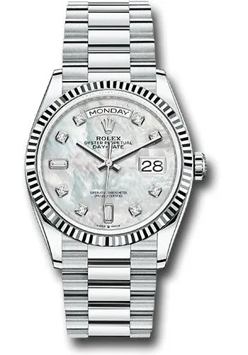   x Platinum Day-Date 36 Watch - Fluted Bezel - White Mother-Of-Pearl Diamond Dial - President Bracelet - 128236 mdp Day-Date Watches Affordable Day-Date Watch