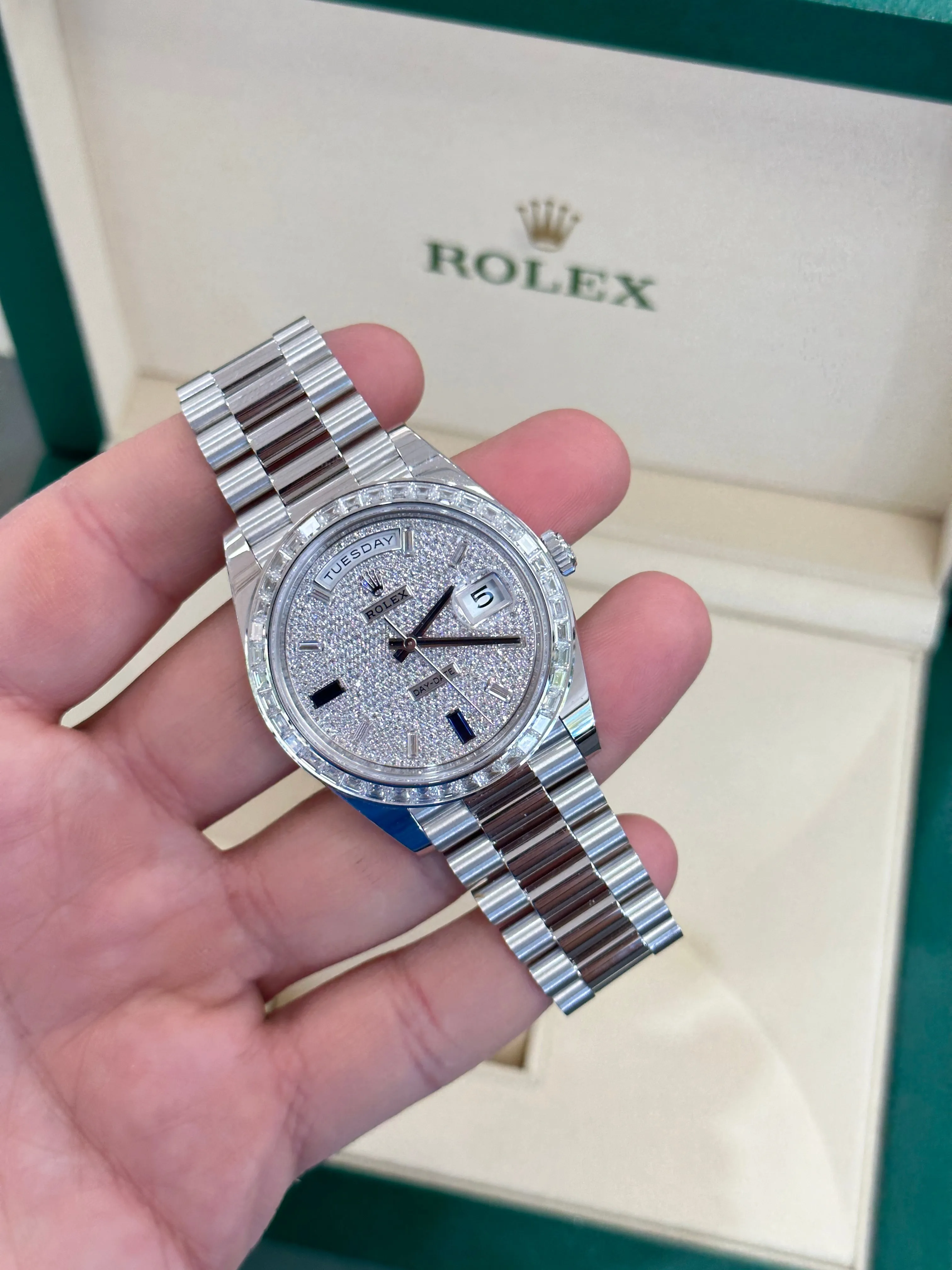   x Platinum Day-Date 40 228396TBR Factory Paved Diamond Sapphire Dial Baguette Diamond Bezel Box/Papers MINT