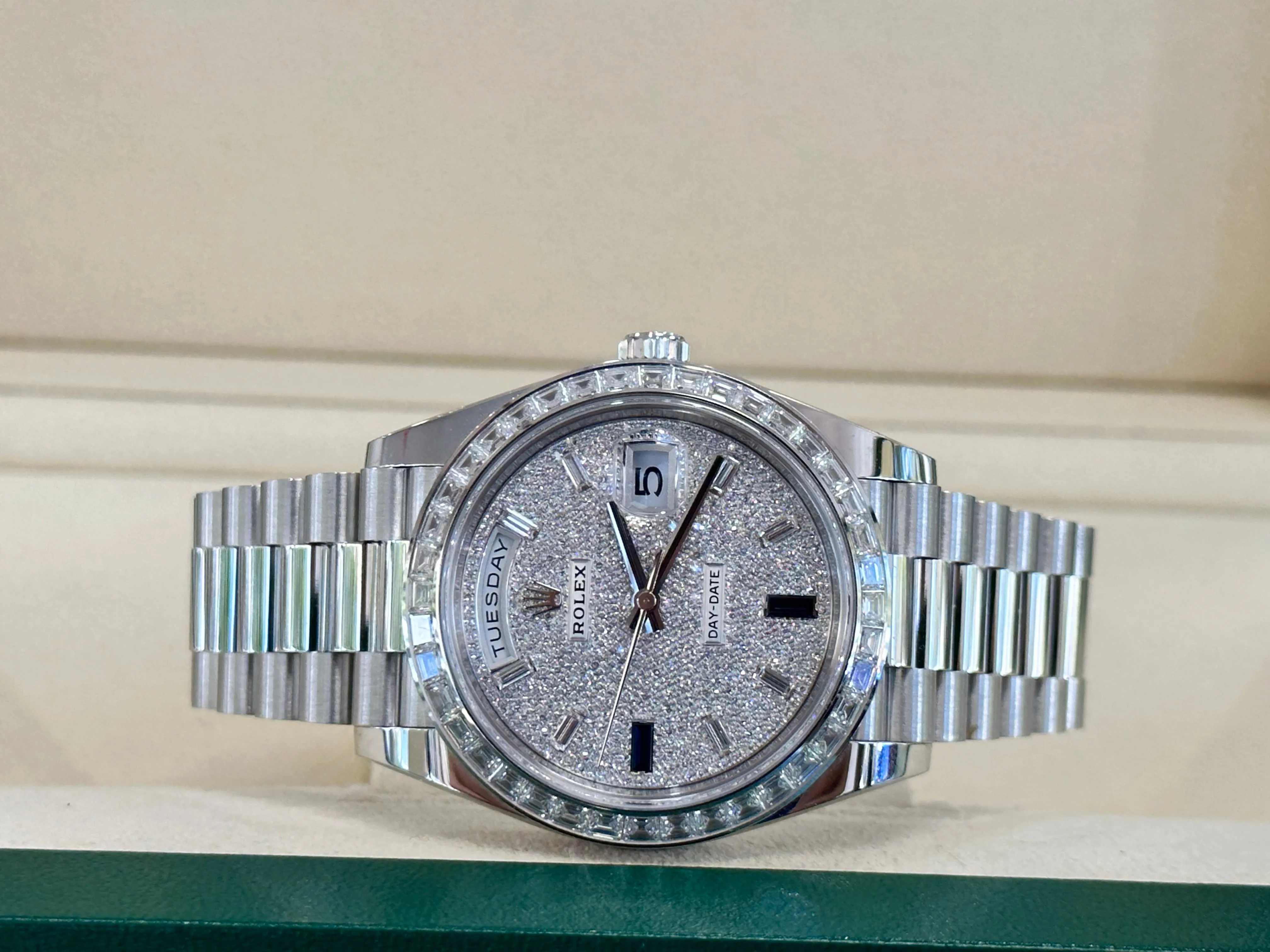   x Platinum Day-Date 40 228396TBR Factory Paved Diamond Sapphire Dial Baguette Diamond Bezel Box/Papers MINT