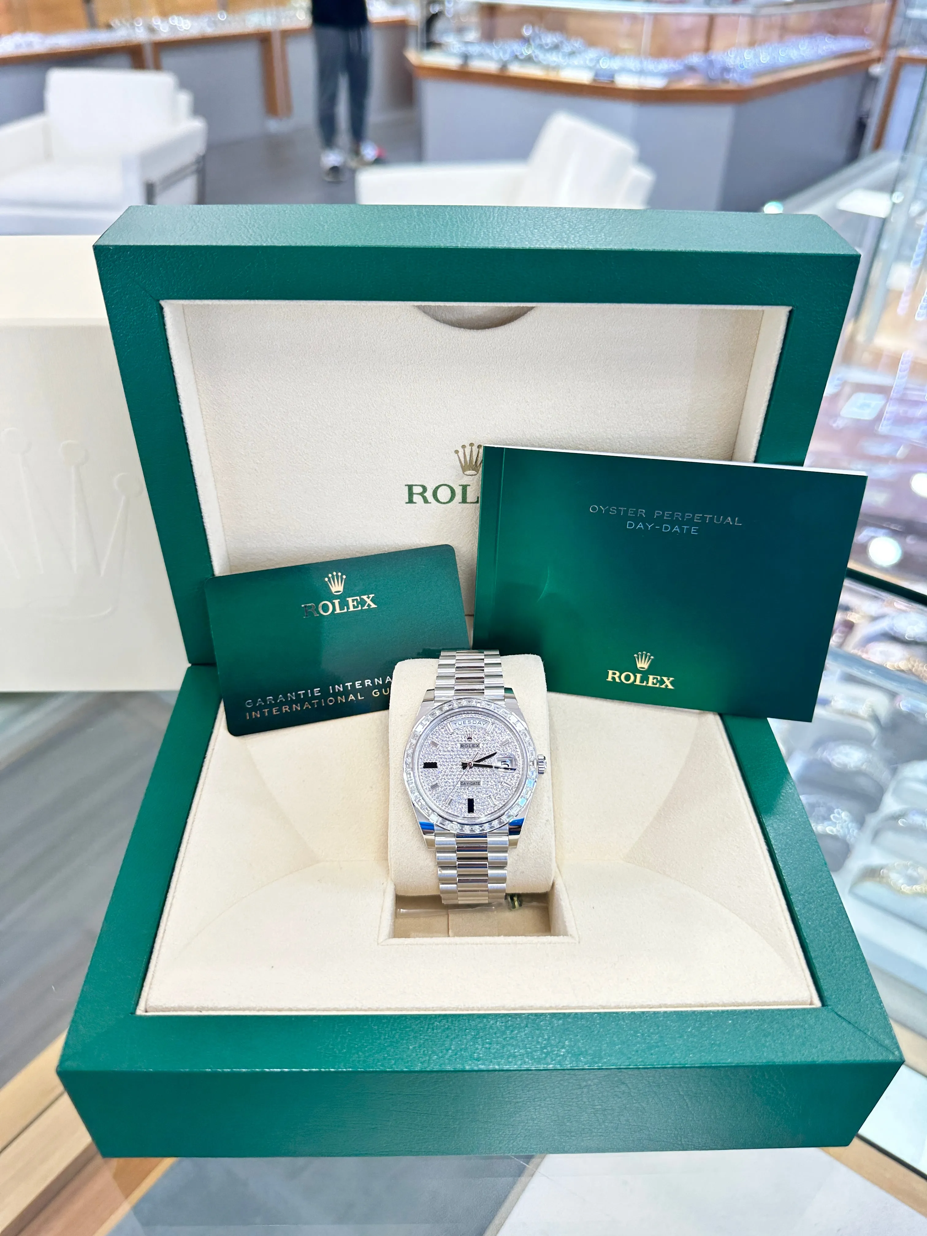   x Platinum Day-Date 40 228396TBR Factory Paved Diamond Sapphire Dial Baguette Diamond Bezel Box/Papers MINT