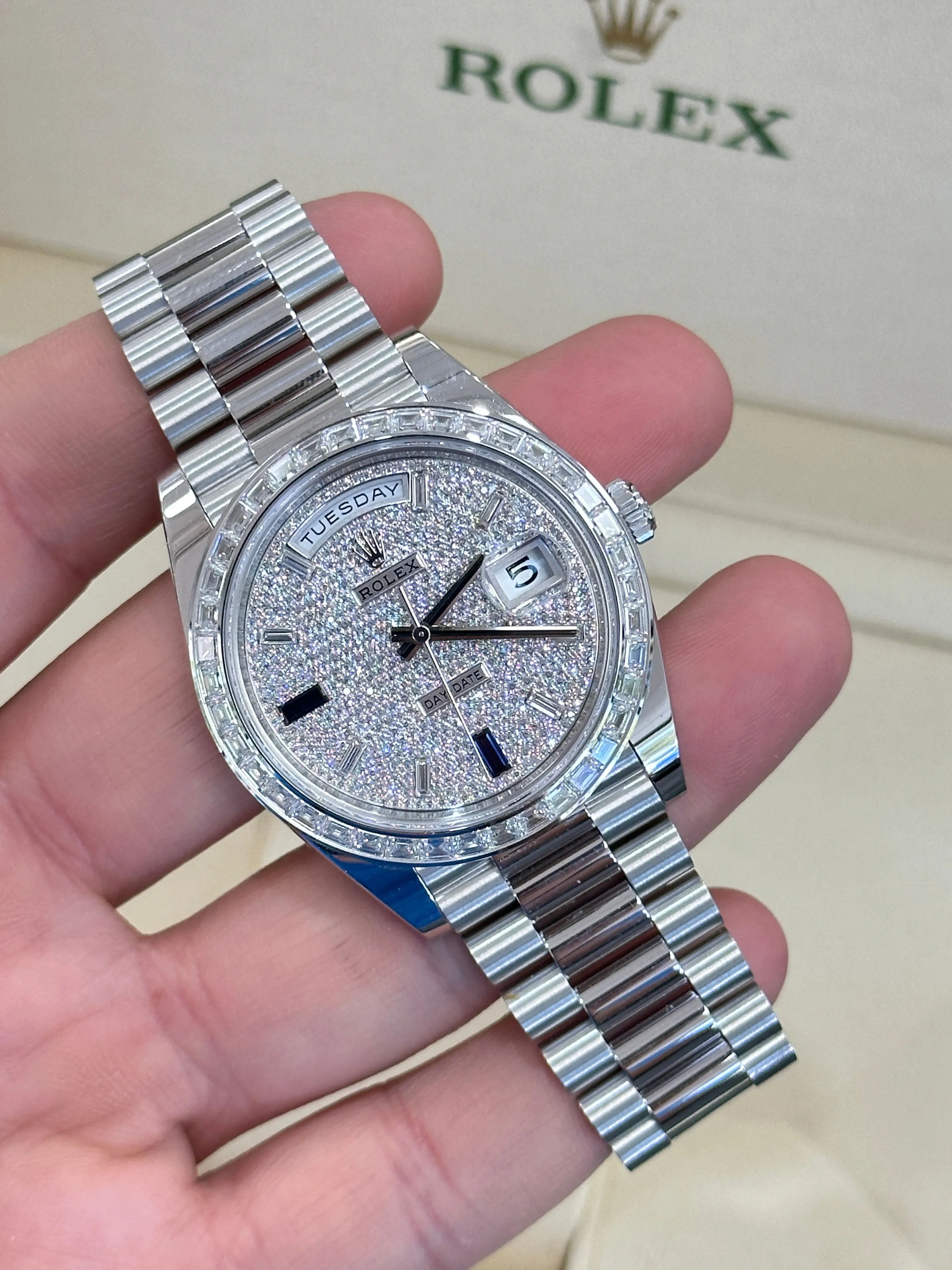   x Platinum Day-Date 40 228396TBR Factory Paved Diamond Sapphire Dial Baguette Diamond Bezel Box/Papers MINT