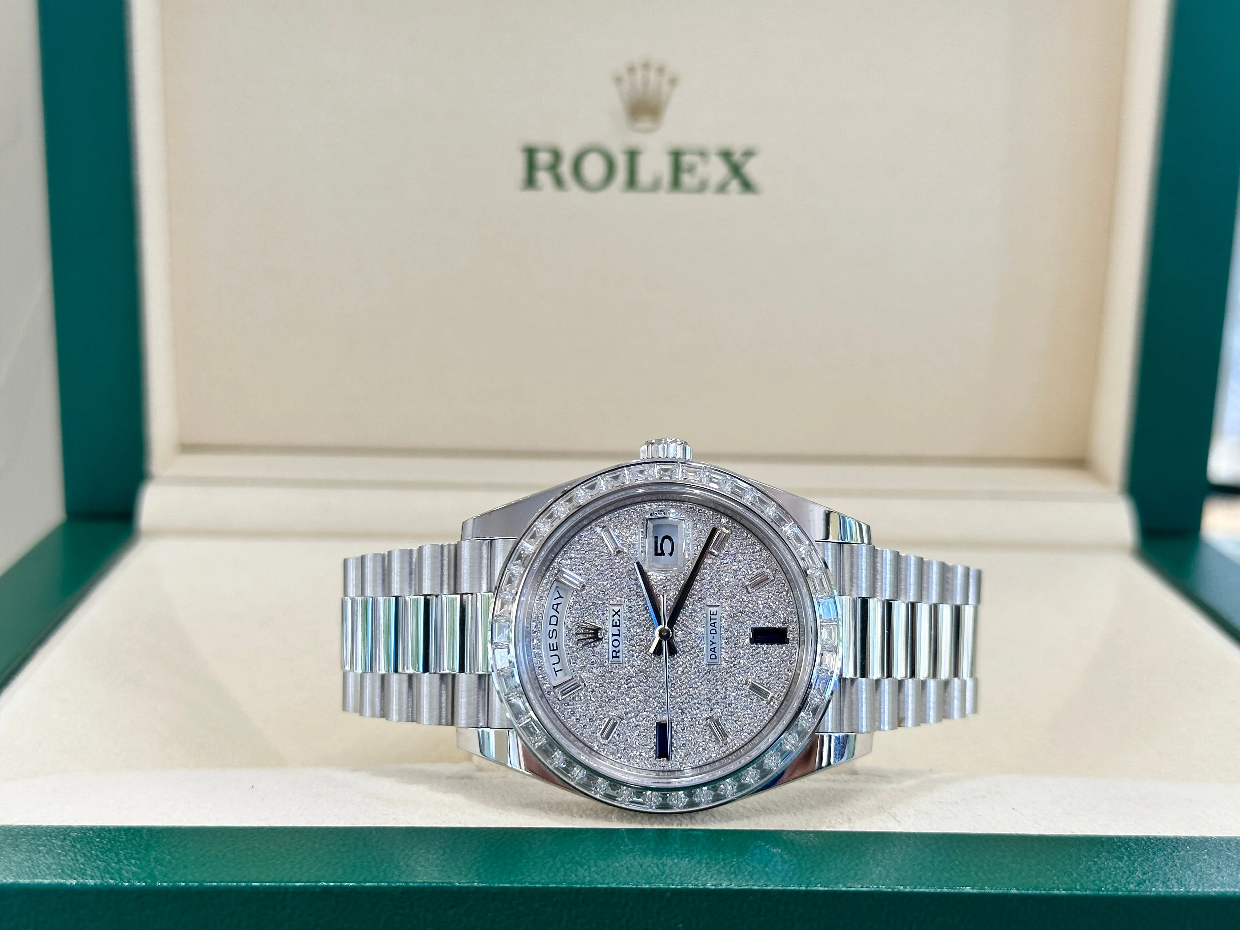   x Platinum Day-Date 40 228396TBR Factory Paved Diamond Sapphire Dial Baguette Diamond Bezel Box/Papers MINT