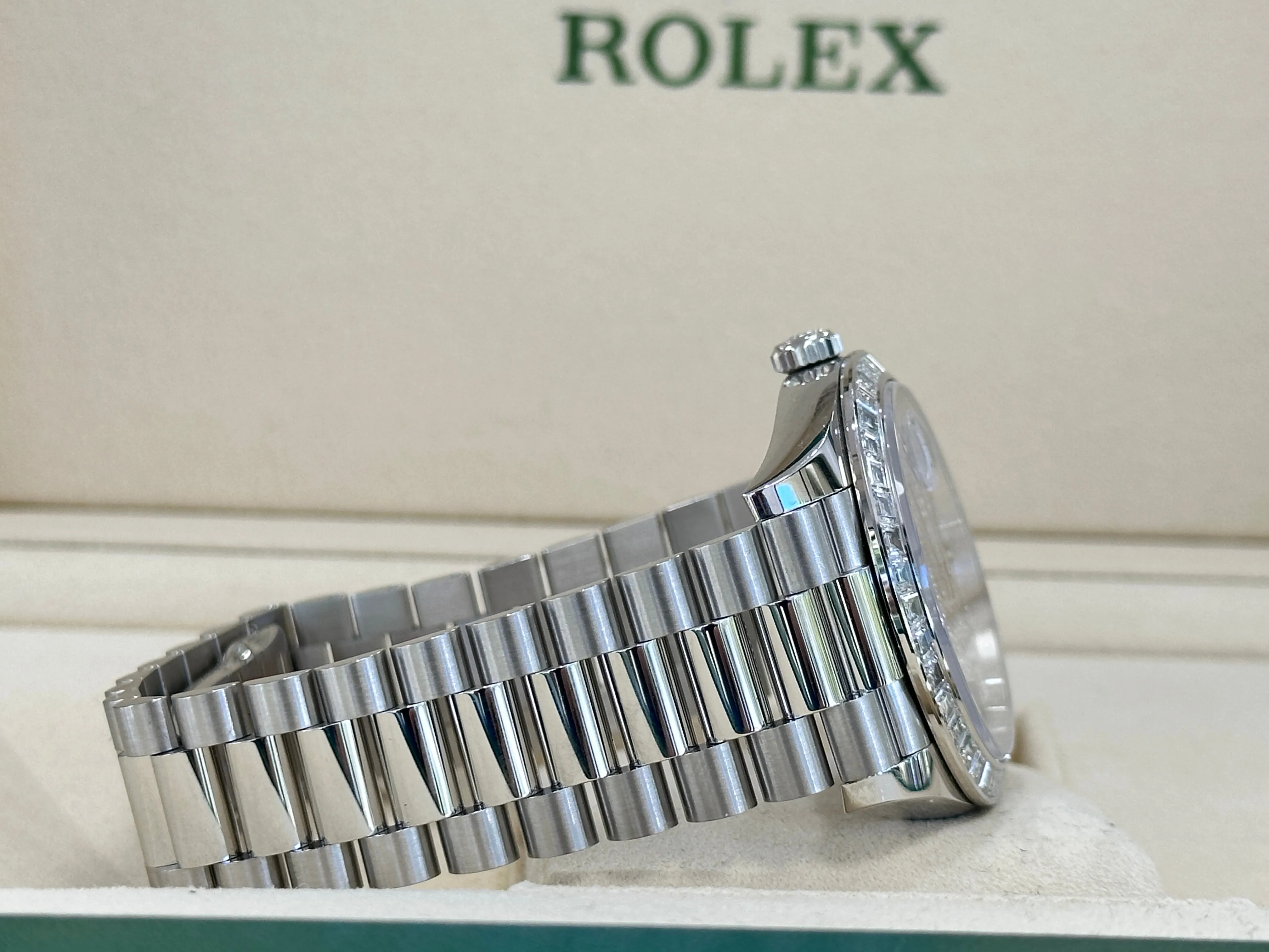   x Platinum Day-Date 40 228396TBR Factory Paved Diamond Sapphire Dial Baguette Diamond Bezel Box/Papers MINT