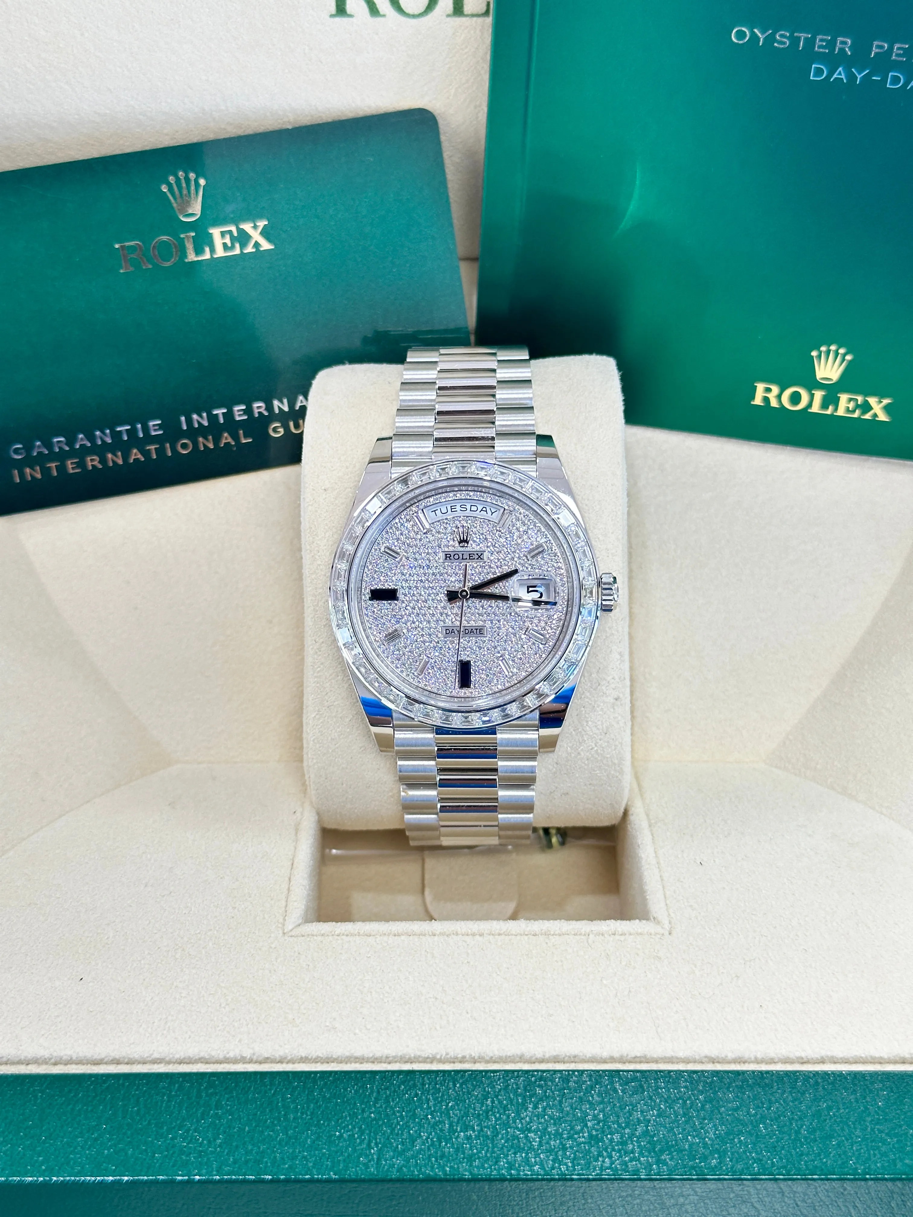   x Platinum Day-Date 40 228396TBR Factory Paved Diamond Sapphire Dial Baguette Diamond Bezel Box/Papers MINT