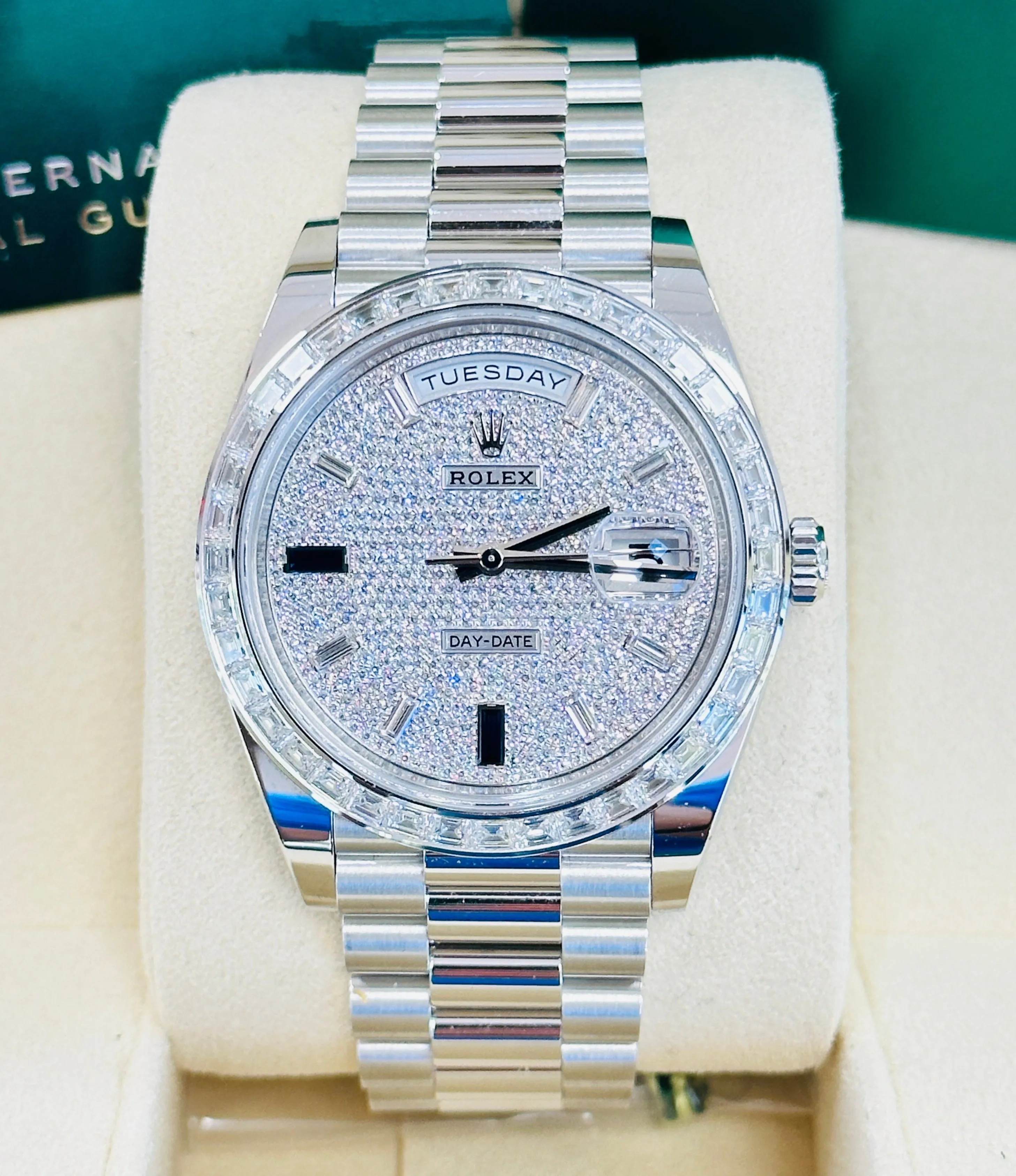   x Platinum Day-Date 40 228396TBR Factory Paved Diamond Sapphire Dial Baguette Diamond Bezel Box/Papers MINT   x day?date watch day date waterproof watch