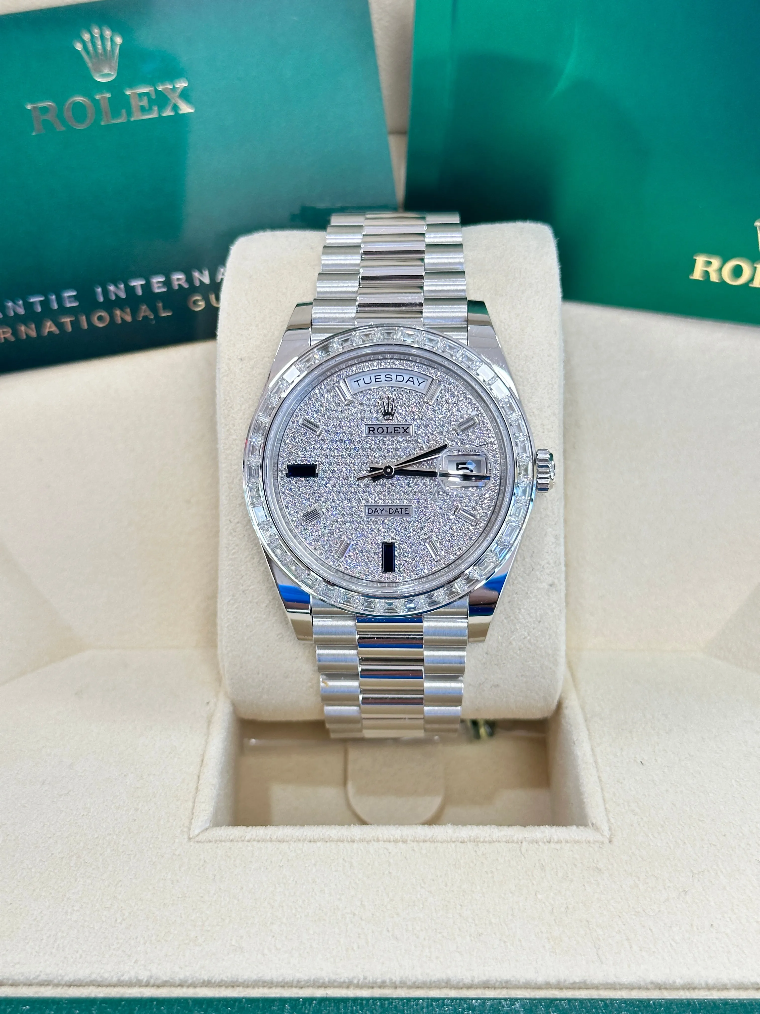   x Platinum Day-Date 40 228396TBR Factory Paved Diamond Sapphire Dial Baguette Diamond Bezel Box/Papers MINT