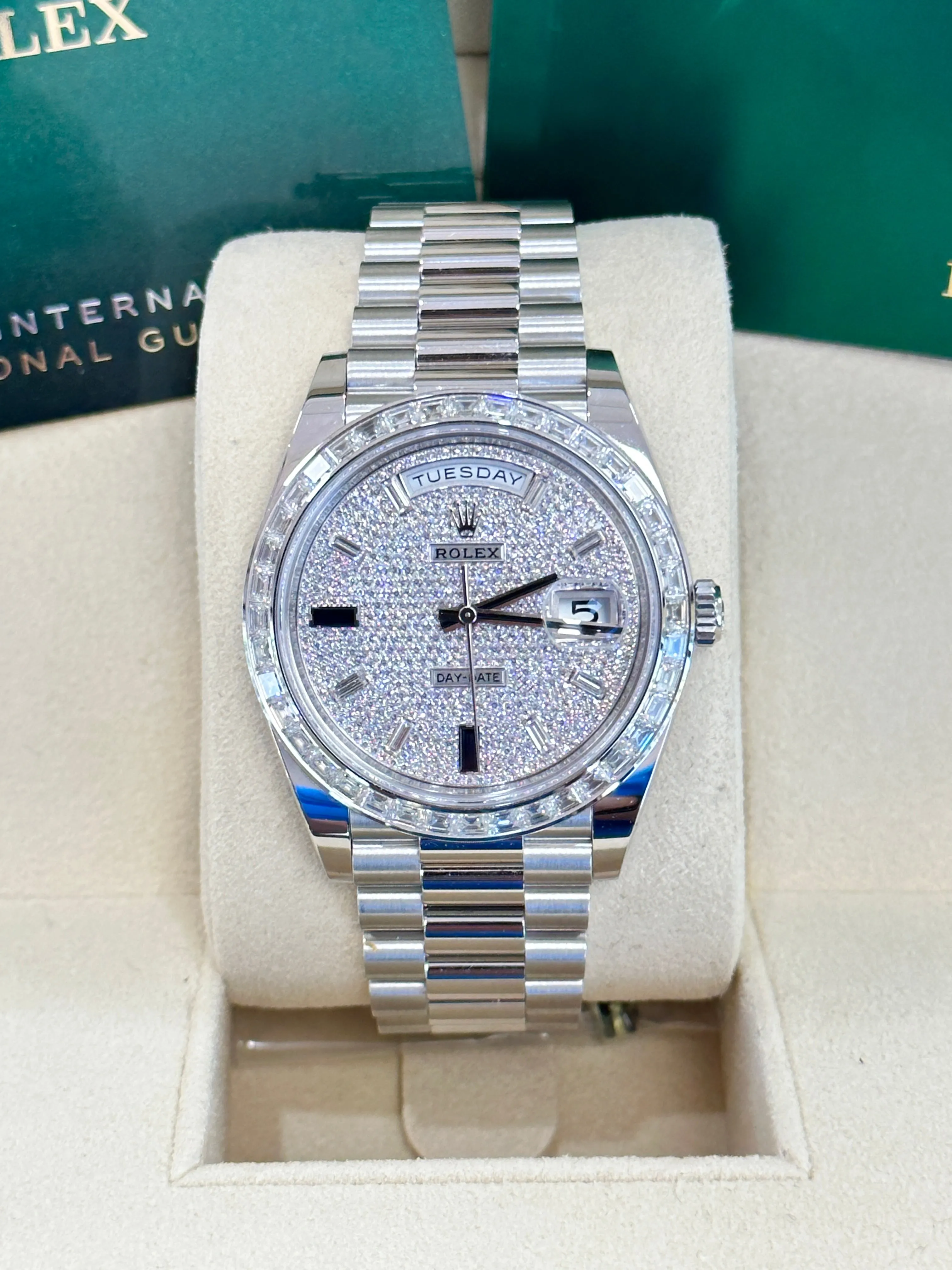   x Platinum Day-Date 40 228396TBR Factory Paved Diamond Sapphire Dial Baguette Diamond Bezel Box/Papers MINT