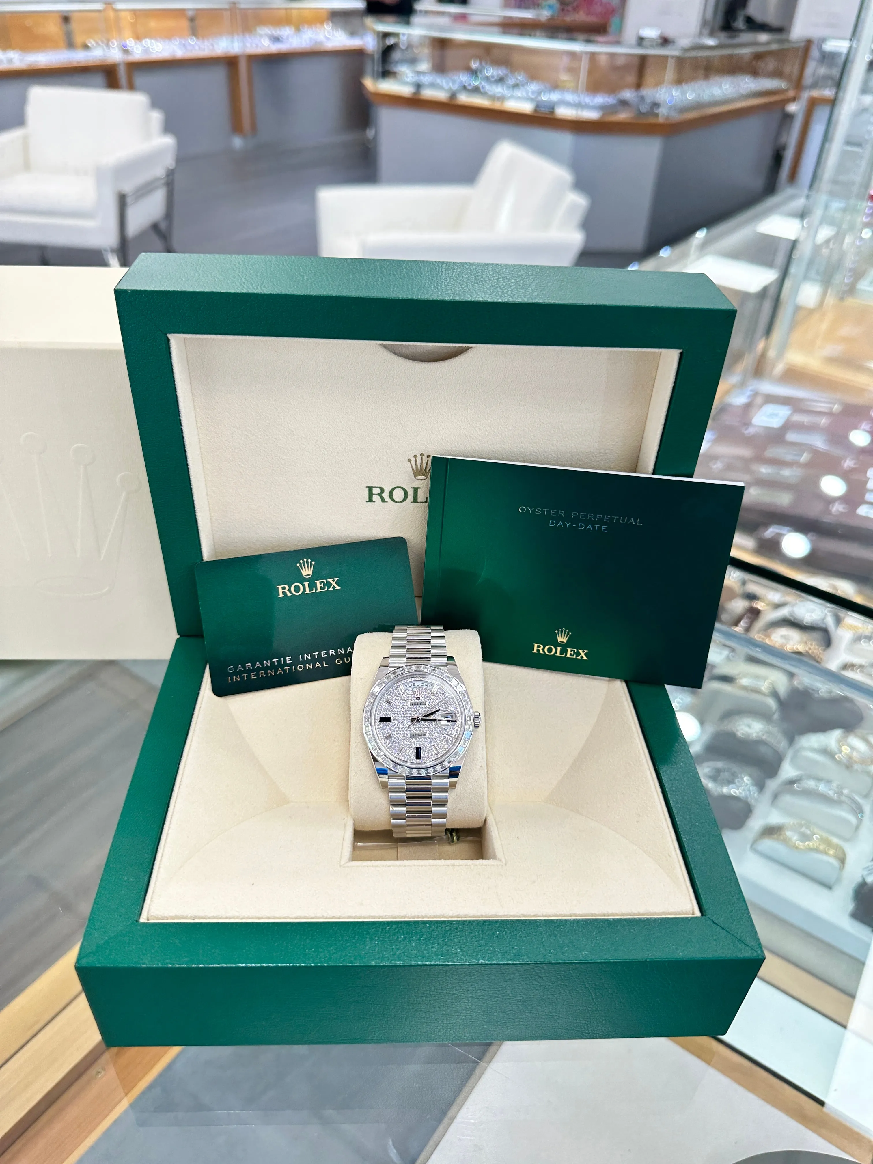   x Platinum Day-Date 40 228396TBR Factory Paved Diamond Sapphire Dial Baguette Diamond Bezel Box/Papers MINT