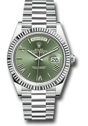   x Platinum Day-Date 40 Watch - Fluted Bezel - Olive Green Roman 6 Dial - President Bracelet - 228236 ogrp Day-Date Watches Affordable Day-Date Watch