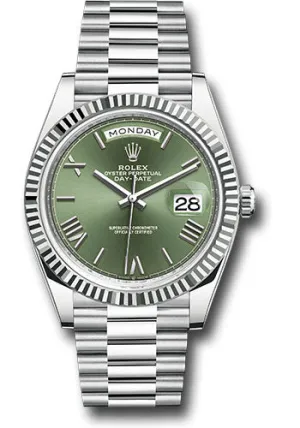   x Platinum Day-Date 40 Watch - Fluted Bezel - Olive Green Roman 6 Dial - President Bracelet - 228236 ogrp Day-Date Watches Affordable Day-Date Watch