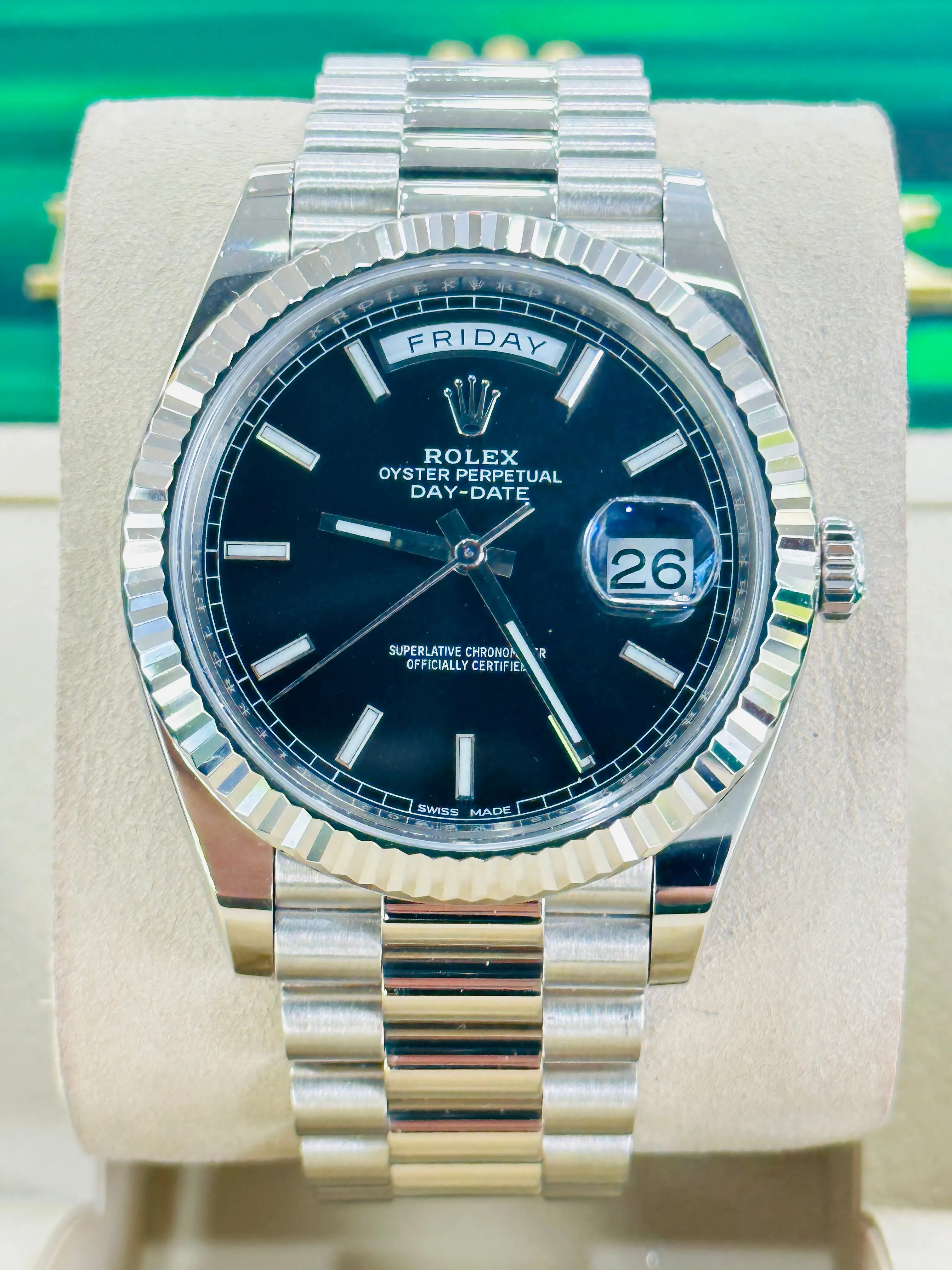   x President Day-Date 40 228239 18k White Gold Fluted Bezel Black Index Dial Box and Papers