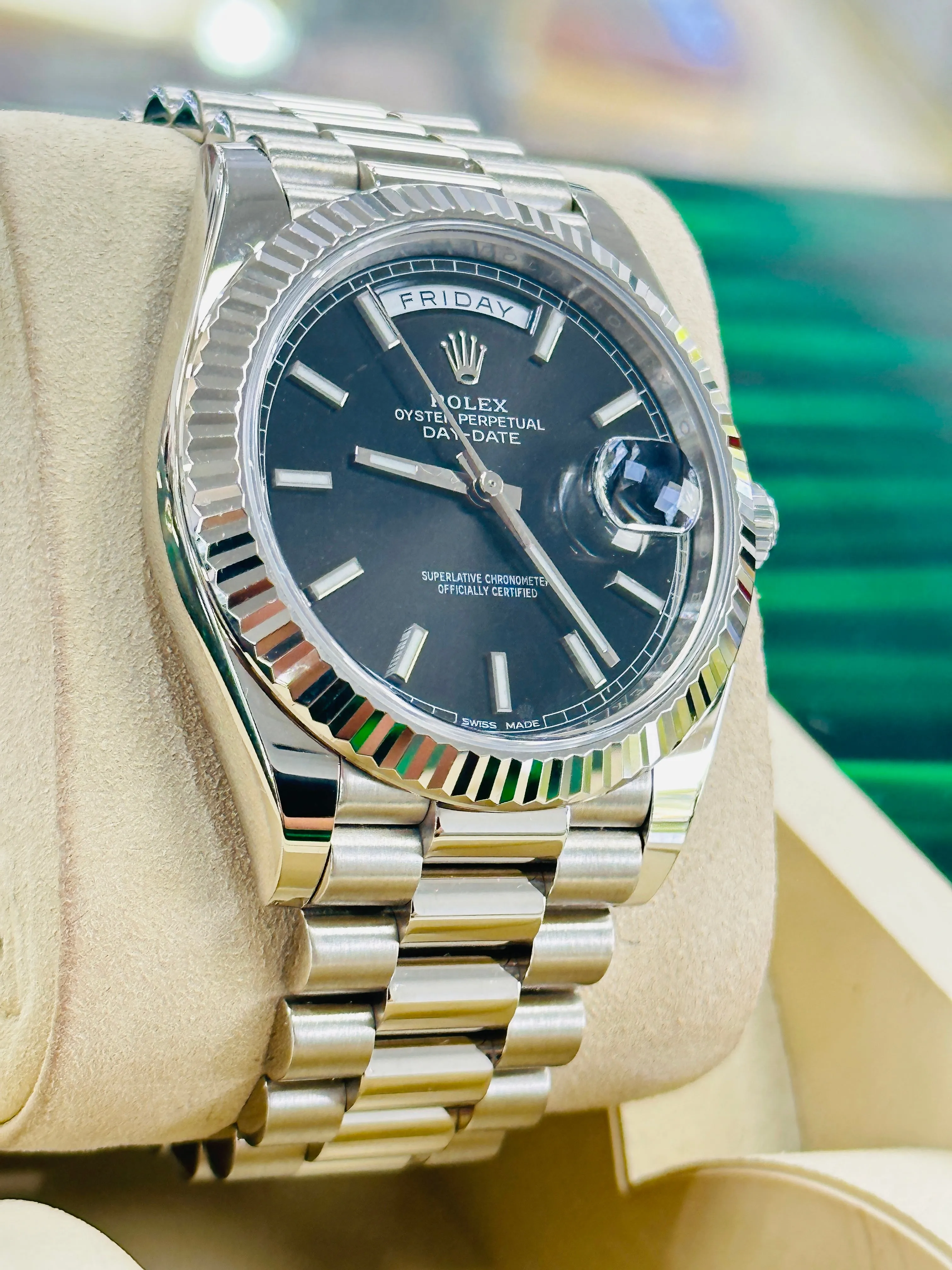   x President Day-Date 40 228239 18k White Gold Fluted Bezel Black Index Dial Box and Papers
