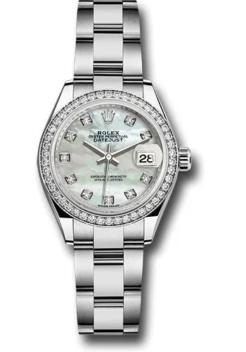   x Steel and White Gold   sor Lady-Datejust 28 Watch - 44 Diamond Bezel - White Mother-Of-Pearl Diamond Dial - Oyster Bracelet - 279384RBR mdo Datejust watch for sale   x Datejust watch