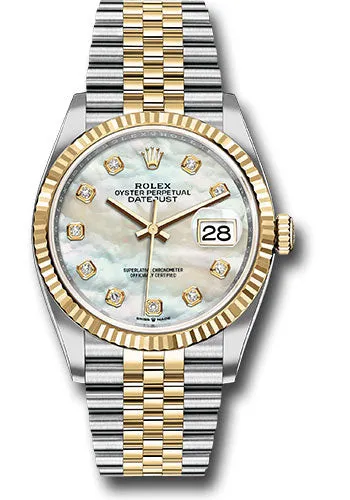   x Steel and Yellow Gold   sor Datejust 36 Watch - Fluted Bezel - White Mother-Of-Pearl Diamond Dial - Jubilee Bracelet - 126233 mdj Datejust watch for sale   x Datejust watch