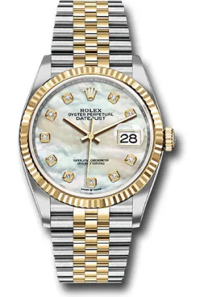   x Steel and Yellow Gold   sor Datejust 36 Watch - Fluted Bezel - White Mother-Of-Pearl Diamond Dial - Jubilee Bracelet - 126233 mdj Datejust watch for sale   x Datejust watch