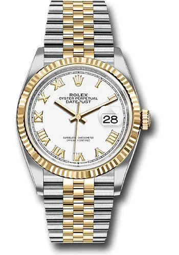   x Steel and Yellow Gold   sor Datejust 36 Watch - Fluted Bezel - White Roman Dial - Jubilee Bracelet - 126233 wrj Datejust watch for sale   x Datejust watch