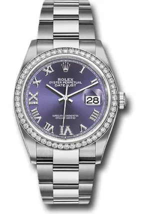   x Steel Datejust 36 Watch - Diamond Bezel - Aubergine Purple Diamond Roman VI and IX Dial - Oyster Bracelet - 126284RBR audr69o Datejust watch for sale   x Datejust watch