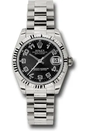   x White Gold Datejust 31 Watch - Fluted Bezel - Black Concentric Circles Arabic Dial - President Bracelet 178279 bkcap Datejust watch for sale   x Datejust watch