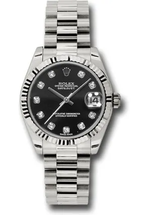  x White Gold Datejust 31 Watch - Fluted Bezel - Black Diamond Dial - President Bracelet 178279 bkdp Datejust watch for sale   x Datejust watch