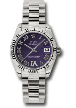   x White Gold Datejust 31 Watch - Fluted Bezel - Purple Diamond Roman Vi Roman Dial - President Bracelet 178279 pdrp Datejust watch for sale   x Datejust watch