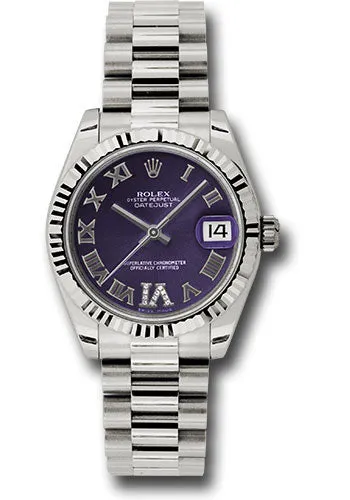  x White Gold Datejust 31 Watch - Fluted Bezel - Purple Diamond Roman Vi Roman Dial - President Bracelet 178279 pdrp Datejust watch for sale   x Datejust watch