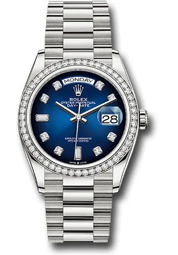   x White Gold Day-Date 36 Watch - Diamond Bezel - Blue Ombre Diamond Dial - President Bracelet - 128349RBR blodp Day-Date Watches Affordable Day-Date Watch