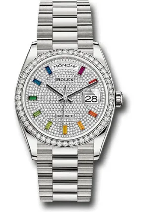   x White Gold Day-Date 36 Watch - Diamond Bezel - Diamond Paved Rainbow Sapphire Dial - President Bracelet - 128349RBR dprsp Day-Date Watches Affordable Day-Date Watch