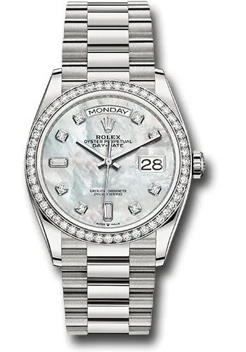   x White Gold Day-Date 36 Watch - Diamond Bezel - Mother-of-Pearl Diamond Dial - President Bracelet - 128349RBR mdp Day-Date Watches Affordable Day-Date Watch