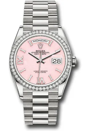   x White Gold Day-Date 36 Watch - Diamond Bezel - Pink Opal Diamond Hour Marker Dial - President Bracelet - 128349RBR podhmp Day-Date Watches Affordable Day-Date Watch