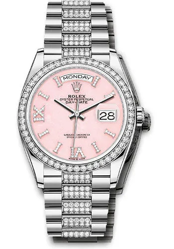   x White Gold Day-Date 36 Watch - Diamond Bezel - Pink Opal Diamond Index Roman 9 Dial - Diamond President Bracelet - 128349rbr podidrdp Day-Date Watches Affordable Day-Date Watch