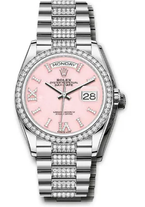   x White Gold Day-Date 36 Watch - Diamond Bezel - Pink Opal Diamond Index Roman 9 Dial - Diamond President Bracelet - 128349rbr podidrdp Day-Date Watches Affordable Day-Date Watch