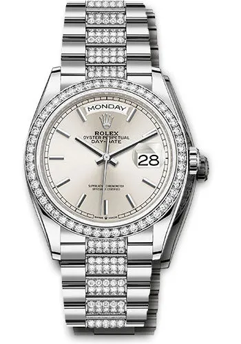   x White Gold Day-Date 36 Watch - Diamond Bezel - Silver Index Dial - Diamond President Bracelet - 128349rbr sidp Day-Date Watches Affordable Day-Date Watch
