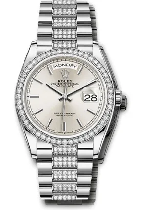   x White Gold Day-Date 36 Watch - Diamond Bezel - Silver Index Dial - Diamond President Bracelet - 128349rbr sidp Day-Date Watches Affordable Day-Date Watch