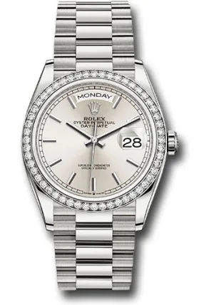   x White Gold Day-Date 36 Watch - Diamond Bezel - Silver Index Dial - President Bracelet - 128349RBR sip Day-Date Watches Affordable Day-Date Watch