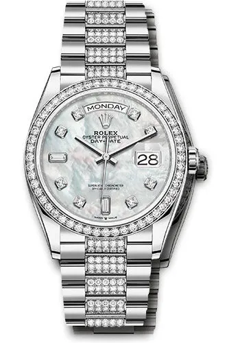   x White Gold Day-Date 36 Watch - Diamond Bezel - White Mother-Of-Pearl Diamond Dial - Diamond President Bracelet - 128349rbr mddp Day-Date Watches Affordable Day-Date Watch