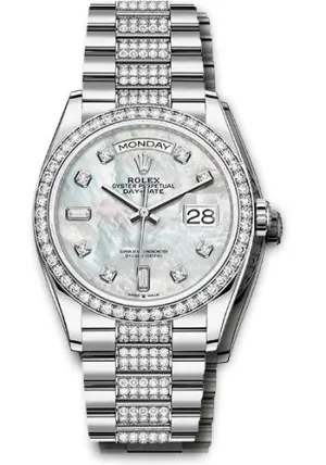   x White Gold Day-Date 36 Watch - Diamond Bezel - White Mother-Of-Pearl Diamond Dial - Diamond President Bracelet - 128349rbr mddp Day-Date Watches Affordable Day-Date Watch